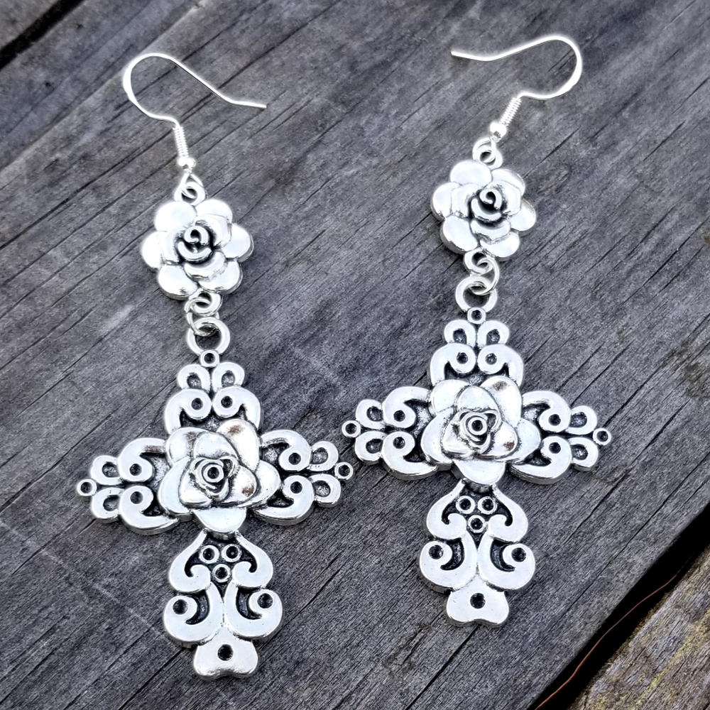 Large Silver Cross Earrings, Rose Cross Dangle Earrings, Spiritual, Gothic
